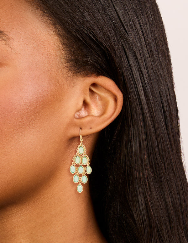 Gold Green Diamantes Cascading Drop Earrings