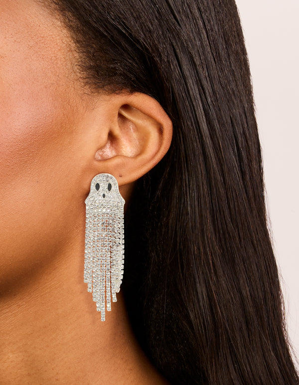 Experience silver diamante cupchain ghost drop earrings with tassel in statement style on ear view