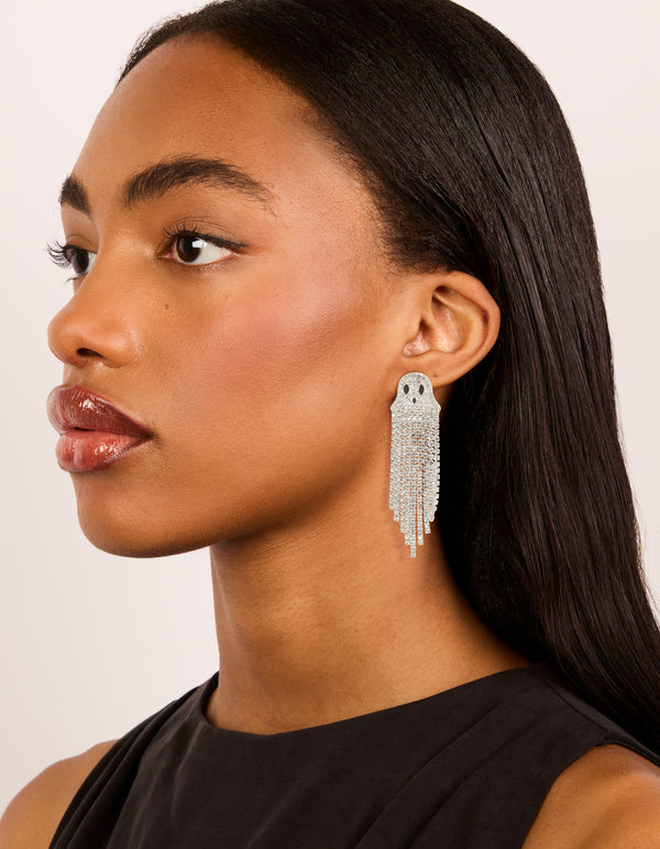 Discover silver diamante cupchain ghost drop earrings with tassel in statement style on model view