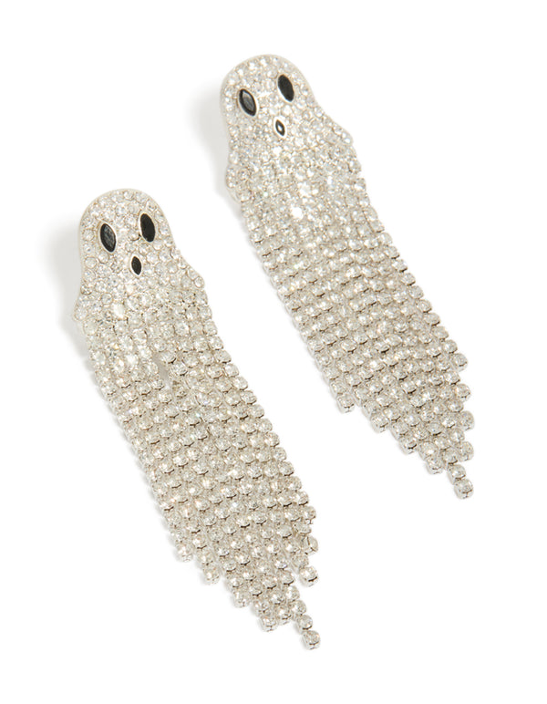 Showcasing silver diamante cupchain ghost drop earrings with tassel in statement style front view