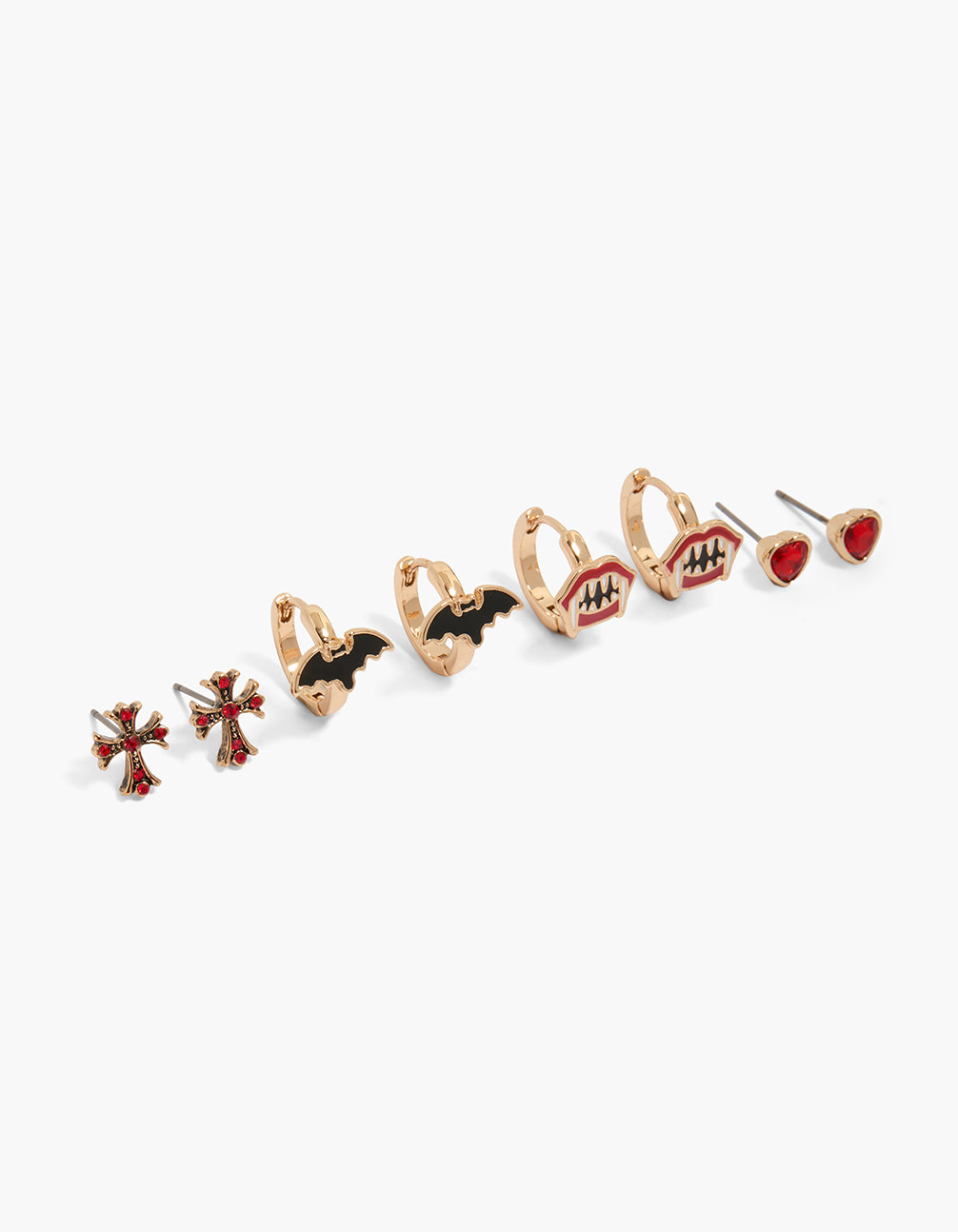 Discover this gold vampire teeth and bat earrings 4-pack featuring cross and heart with enamel detailing in huggie and stud closures front view