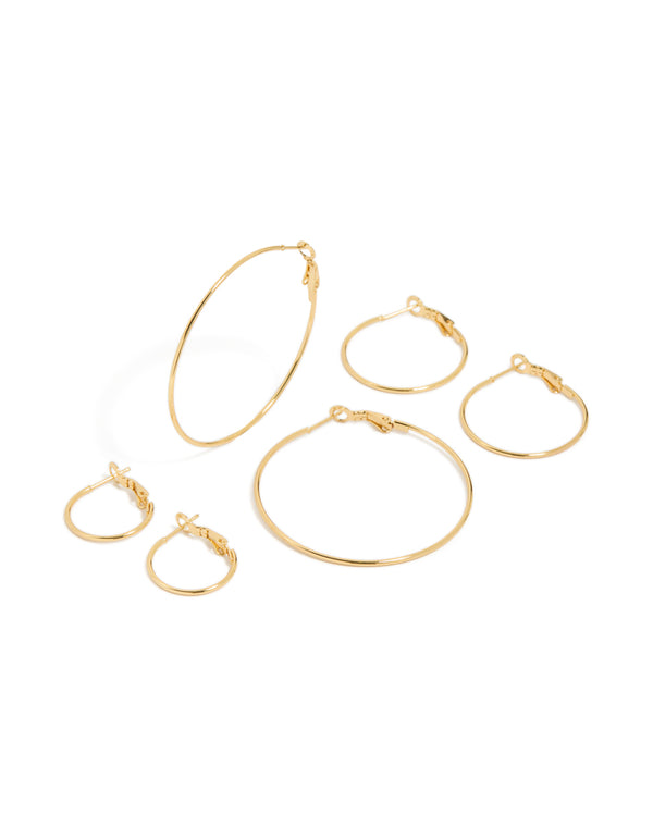 Showcasing waterproof gold plated stainless steel extra thin hoop earrings in a 3-pack with closure featuring gold color front view