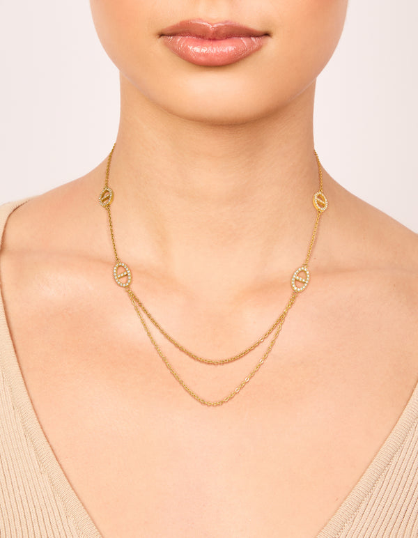 Beautifully crafted waterproof gold plated stainless steel cubic zirconia oval double chain necklace on neck view
