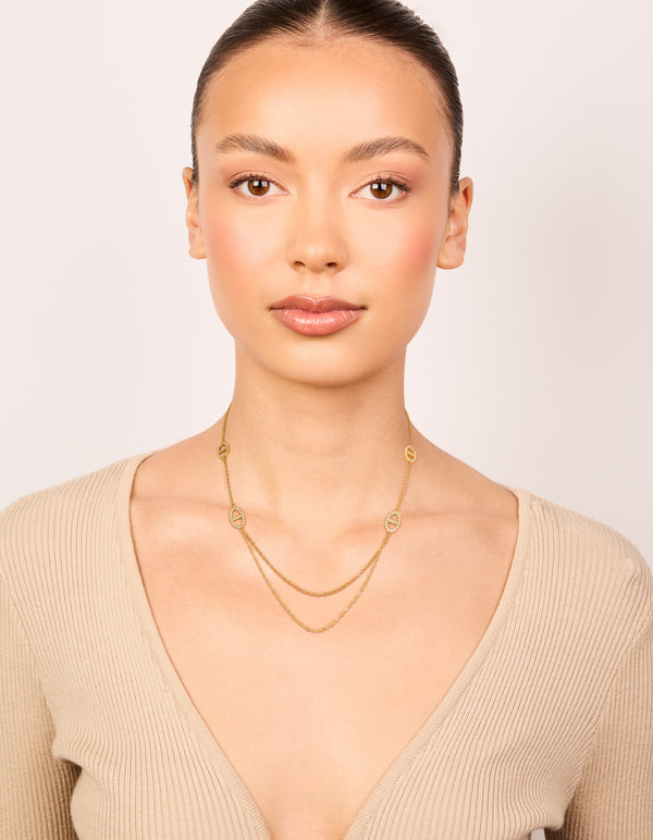 Elegant waterproof gold plated stainless steel cubic zirconia oval double chain necklace on model view