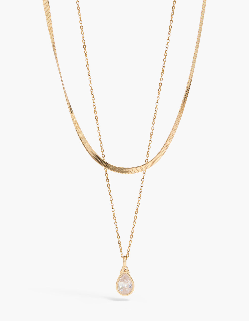 Waterproof Gold Plated Stainless Steel Snake Chain & Bezel Pear Cubic Zirconia Layered Necklace