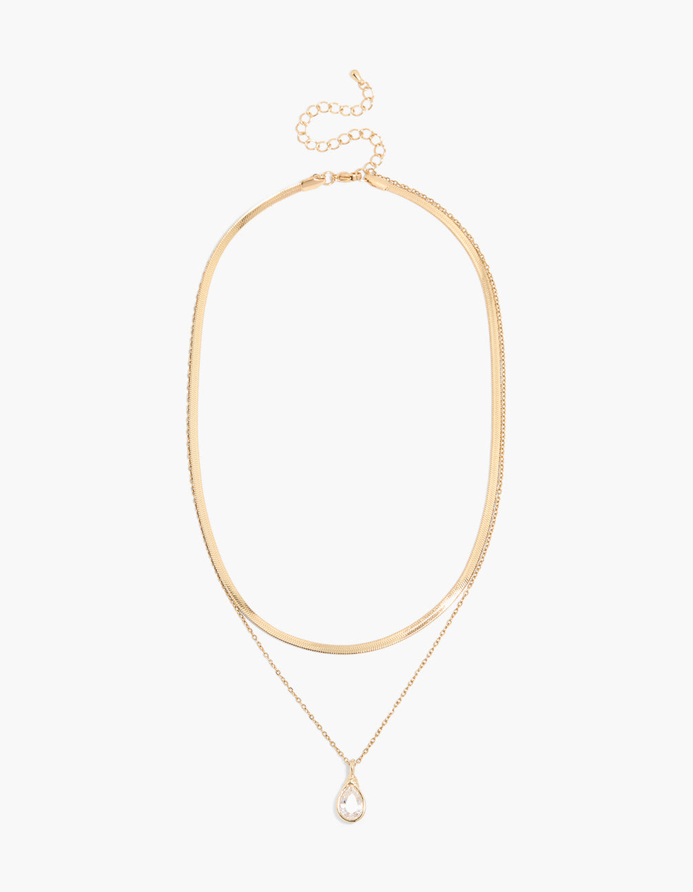 Exquisite waterproof snake chain necklace with bezel pear cubic zirconia pendant, crafted from gold plated stainless steel, featuring crystal accents and layered design clasp detail front view