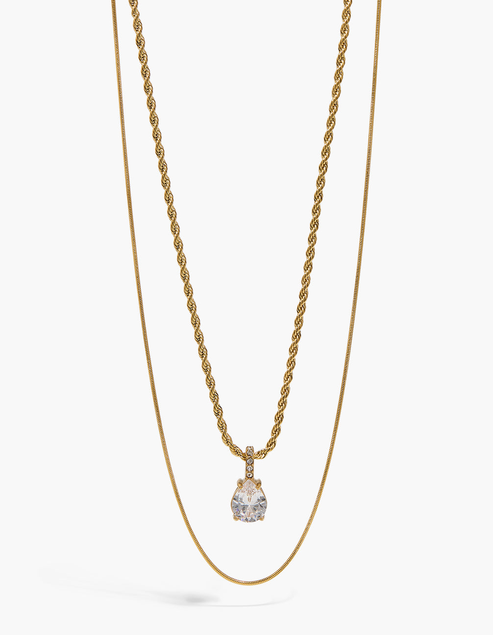 Showcasing a waterproof twisted layered necklace crafted from stainless steel with pear cut cubic zirconia pendant in gold plated crystal featuring front view