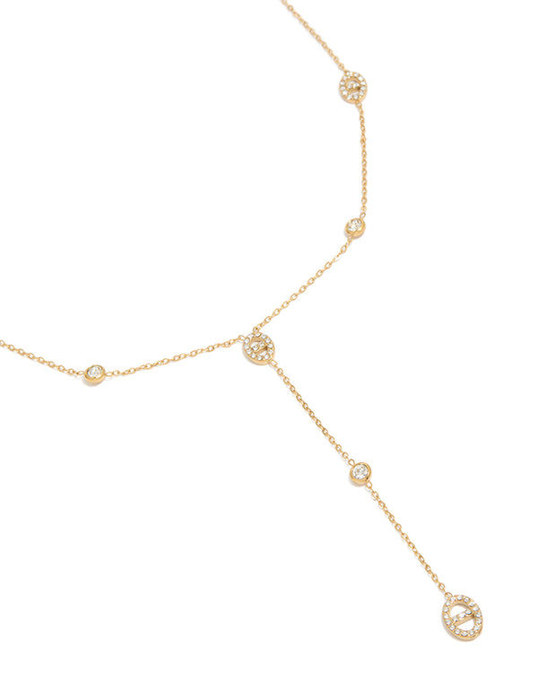 Showcasing a waterproof gold plated stainless steel Y-necklace featuring cubic zirconia and oval stone close up view