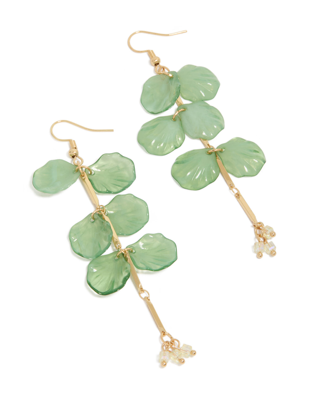 Showcasing drop style earrings with beaded green petal design, featuring charm accents and green and clear beads in gold finish front view