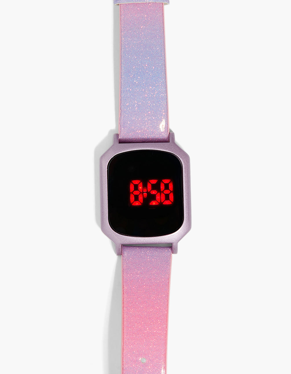 Discover this kids pink and purple ombre glitter digital watch on a black dial with a square shape, designed with a silicone multi-color strap for kids, in a casual style front view