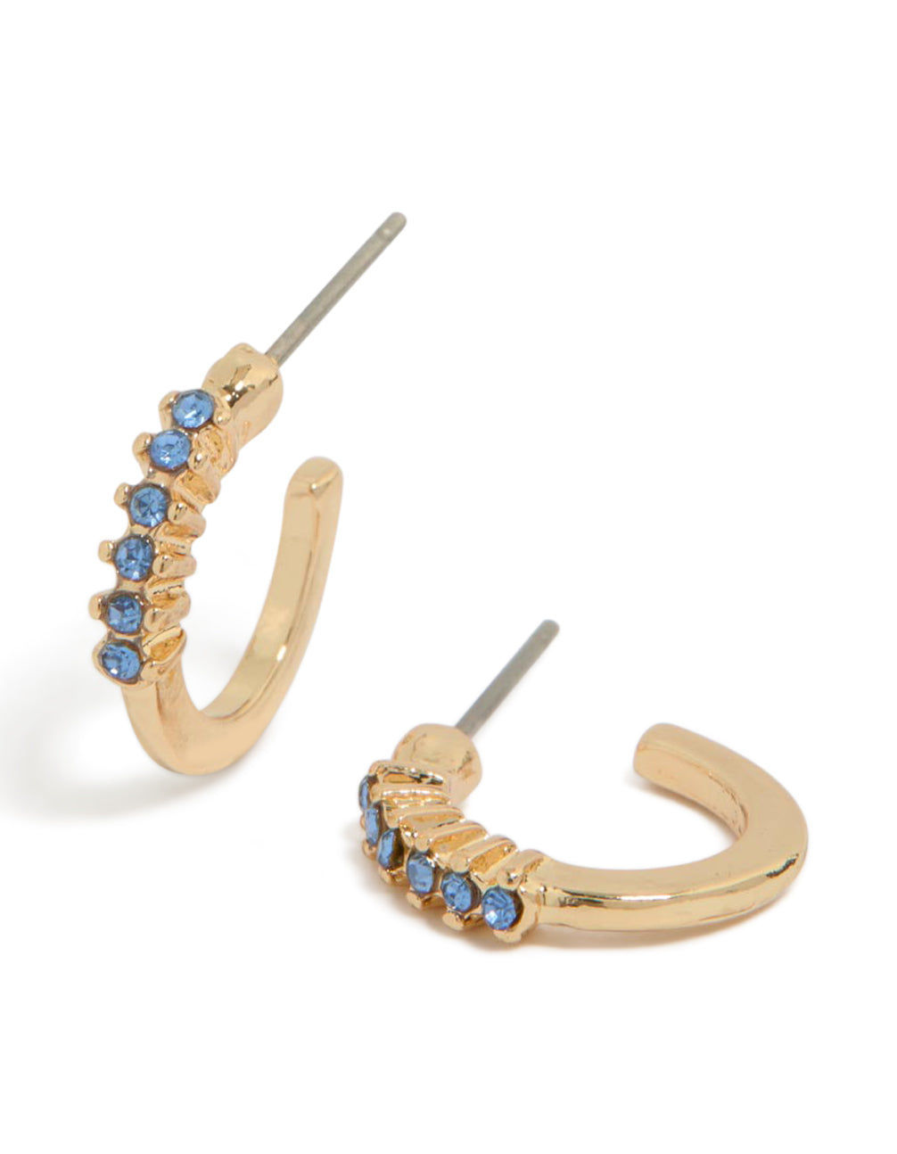 Showcasing gold light blue diamante row huggie earrings with huggie closure front view