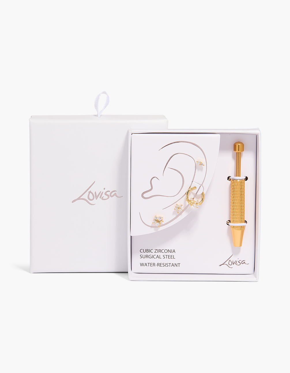 Explore gold plated surgical steel flat back tool and flower vine earrings pack with cubic zirconia stud closure in gold close up view