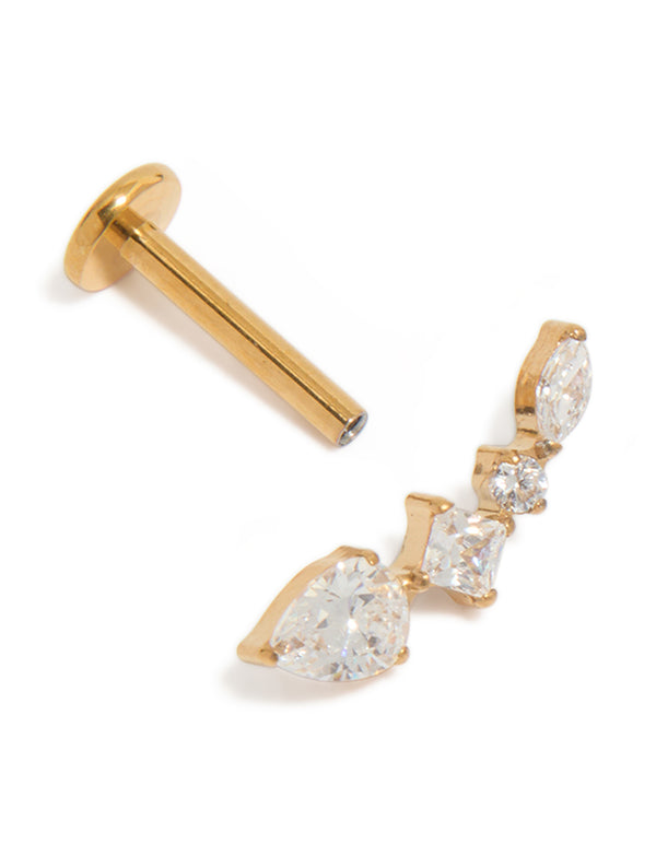 Featuring cubic zirconia in crawler style with gold plated surgical steel and flat back closure detail view