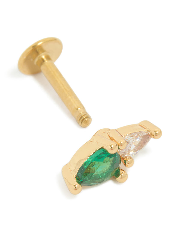 Crafted from gold plated surgical steel, this dainty stud earring with green and clear cubic zirconia crystals showcases the flat back closure post detail view