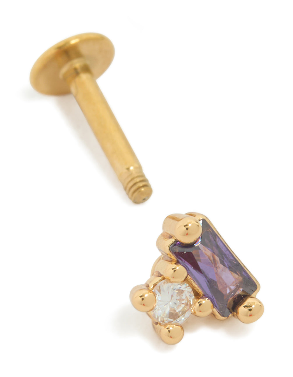 Designed with gold plated surgical steel, this purple rectangle cubic zirconia single flat back stud featuring crystal in post detail view