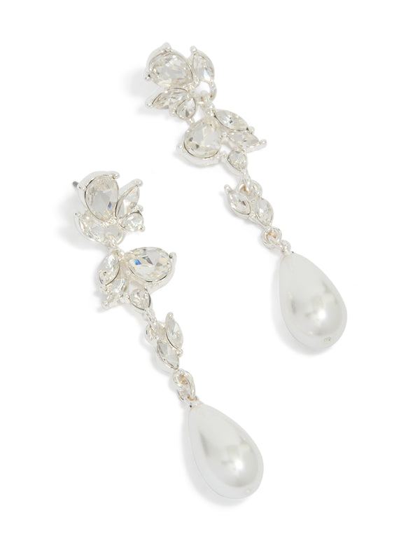 Elegant silver pearl and crystal leaf drop earrings front view