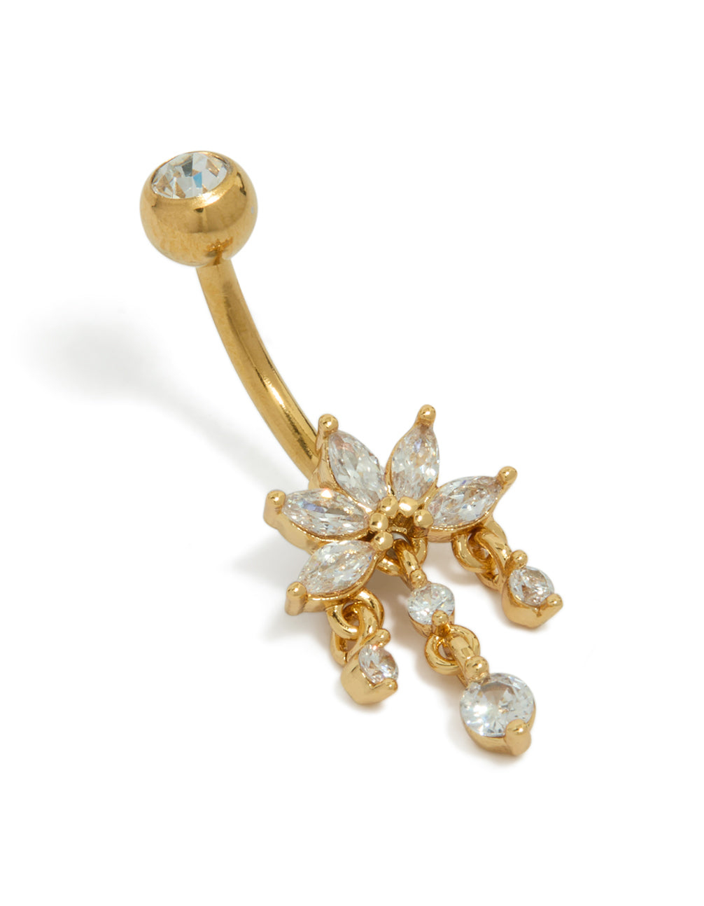 Beautifully crafted gold plated surgical steel belly bar featuring floral charm with cubic zirconia in clear front view