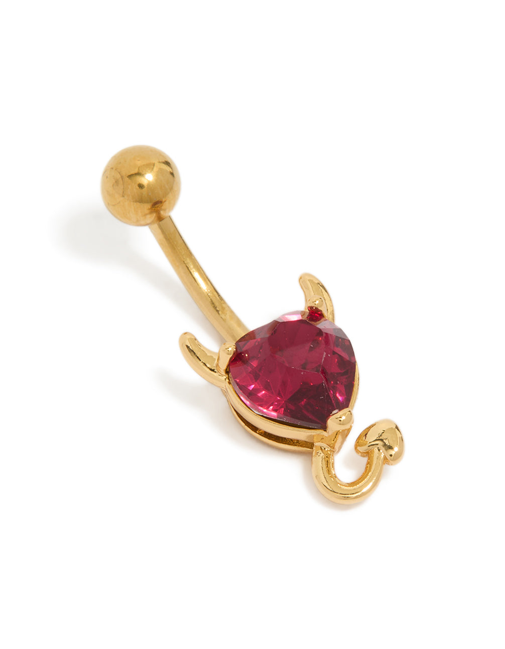 Crafted from surgical steel featuring a heart design in crimson cubic zirconia crystal belly bar front view