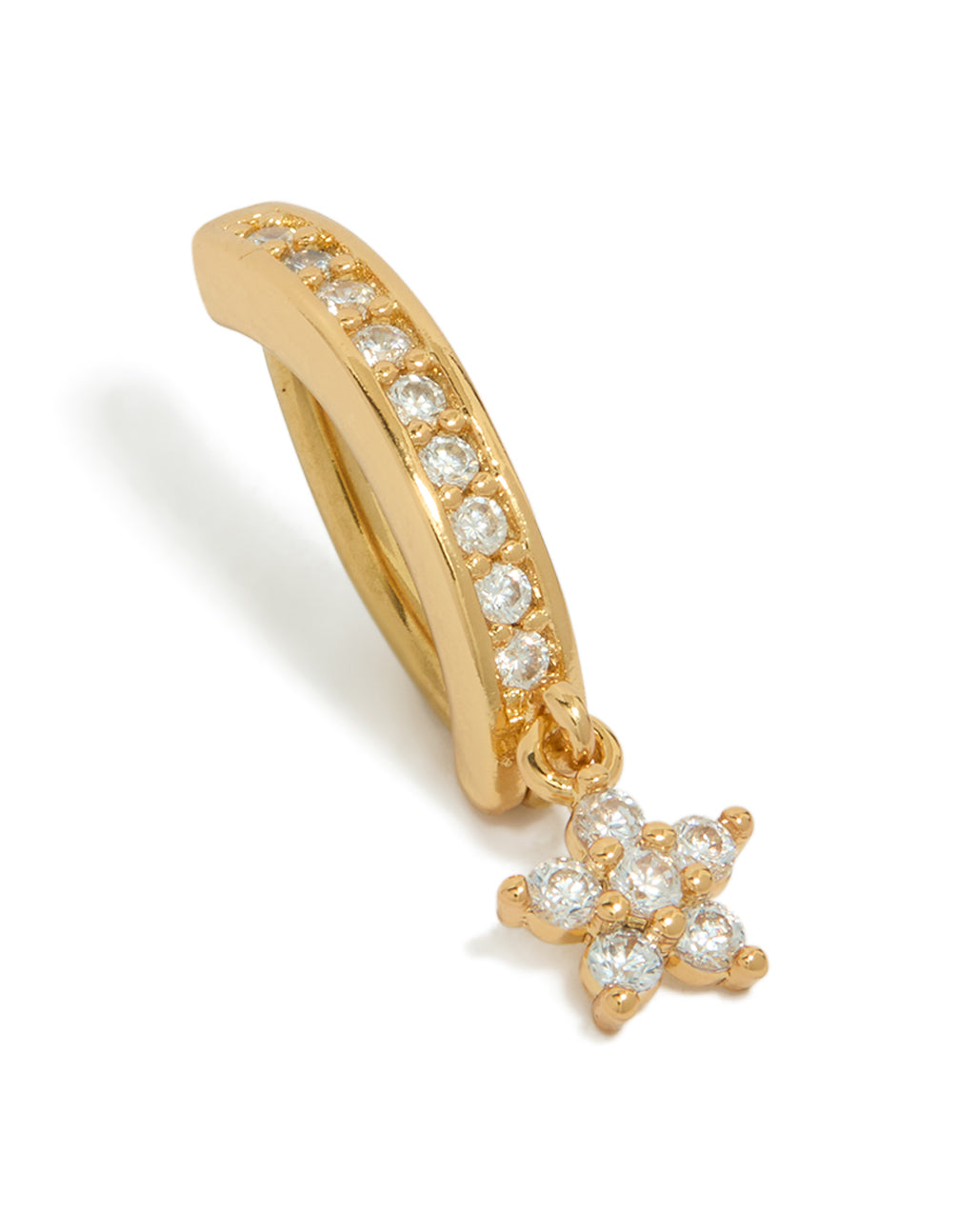 Showcasing a cubic zirconia stones crafted from gold plated surgical steel with a star charm detail front view