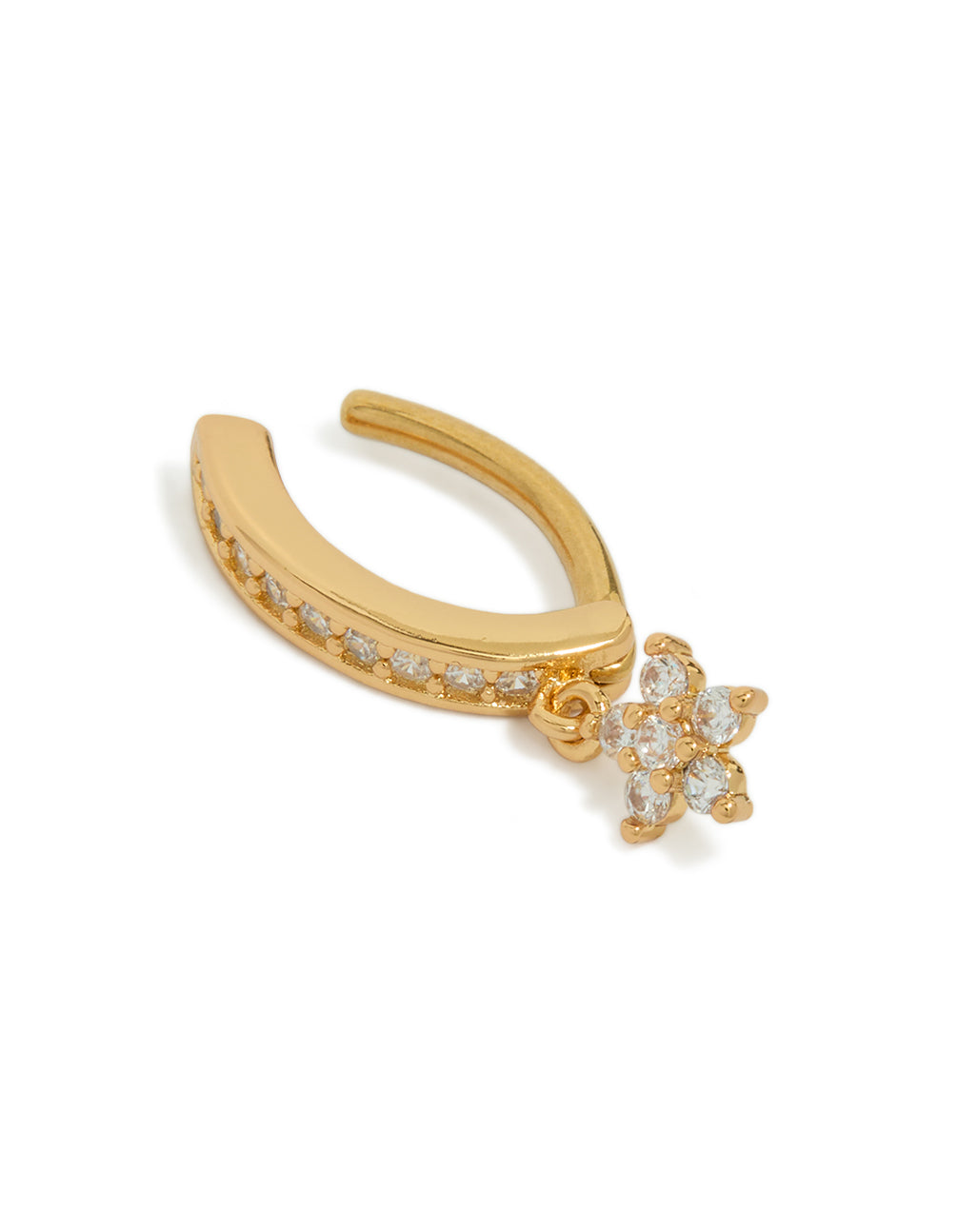 This belly jewelry features cubic zirconia stones in gold plated surgical steel with clear accents and star charm design detail view
