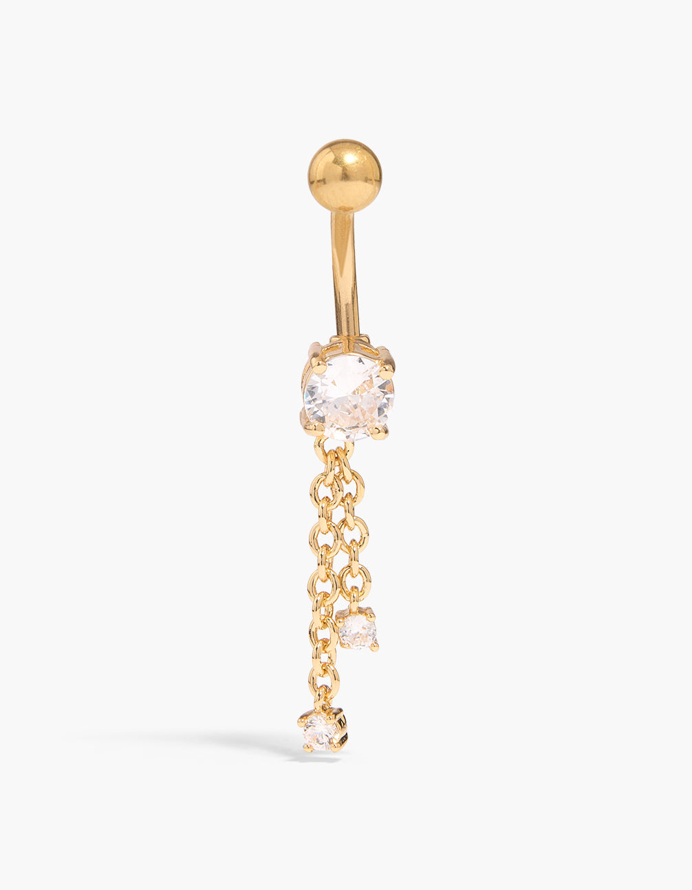 Showcasing a gold plated titanium chain drop belly bar with charm accents front view