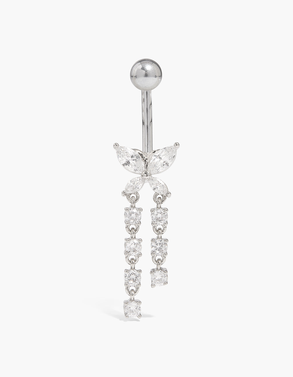 Showcasing a titanium cubic zirconia butterfly drop belly bar with silver charm front view