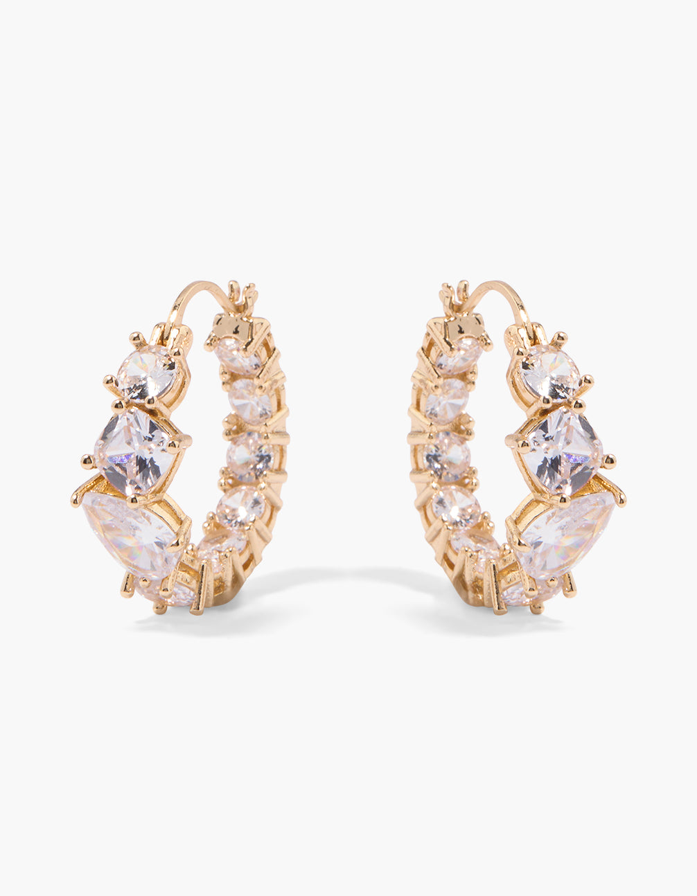 Showcasing gold cubic zirconia hoop earrings with clear stones front view