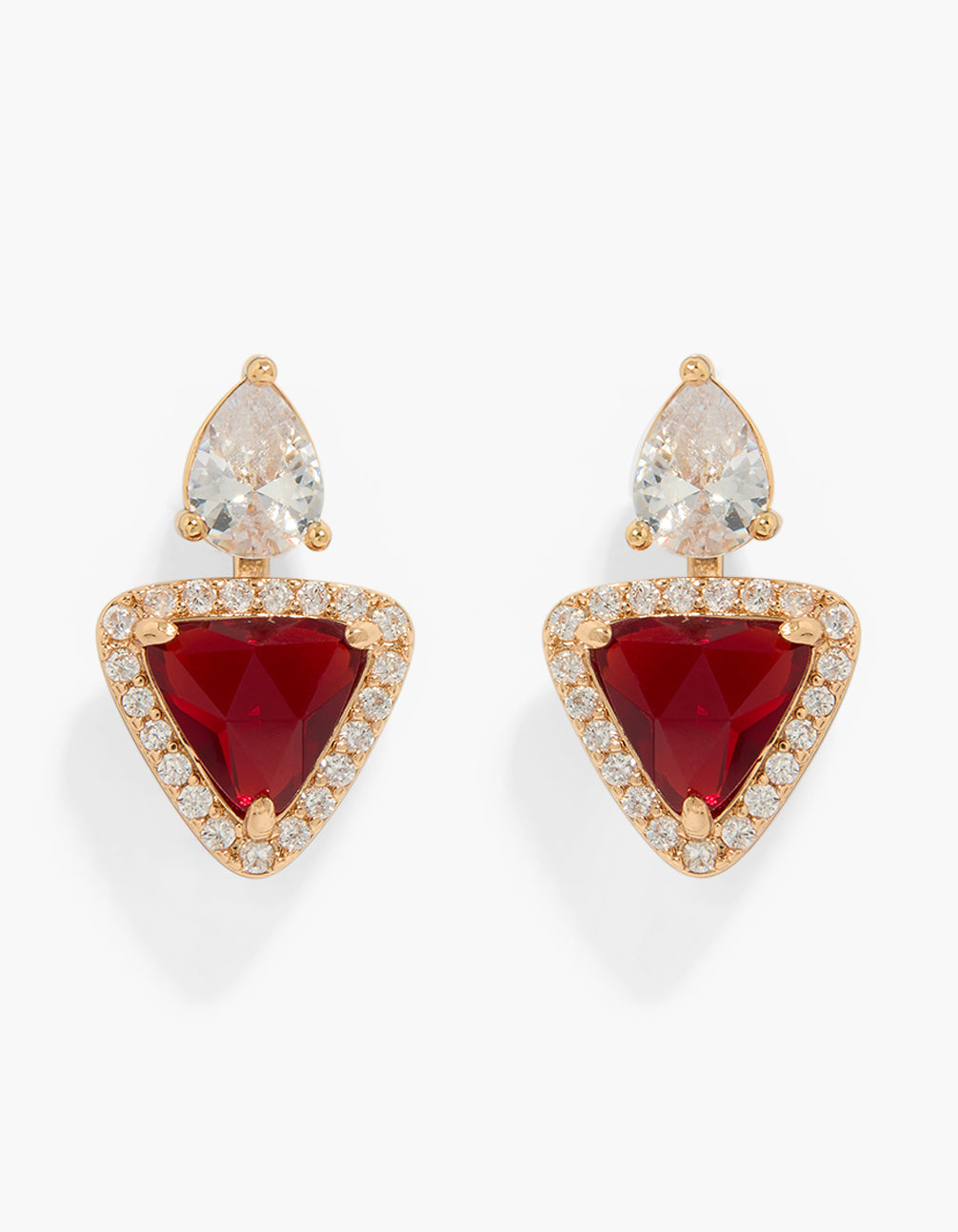 Gold Clear & Red Cubic Zirconia Mini Triangular Drop Earrings