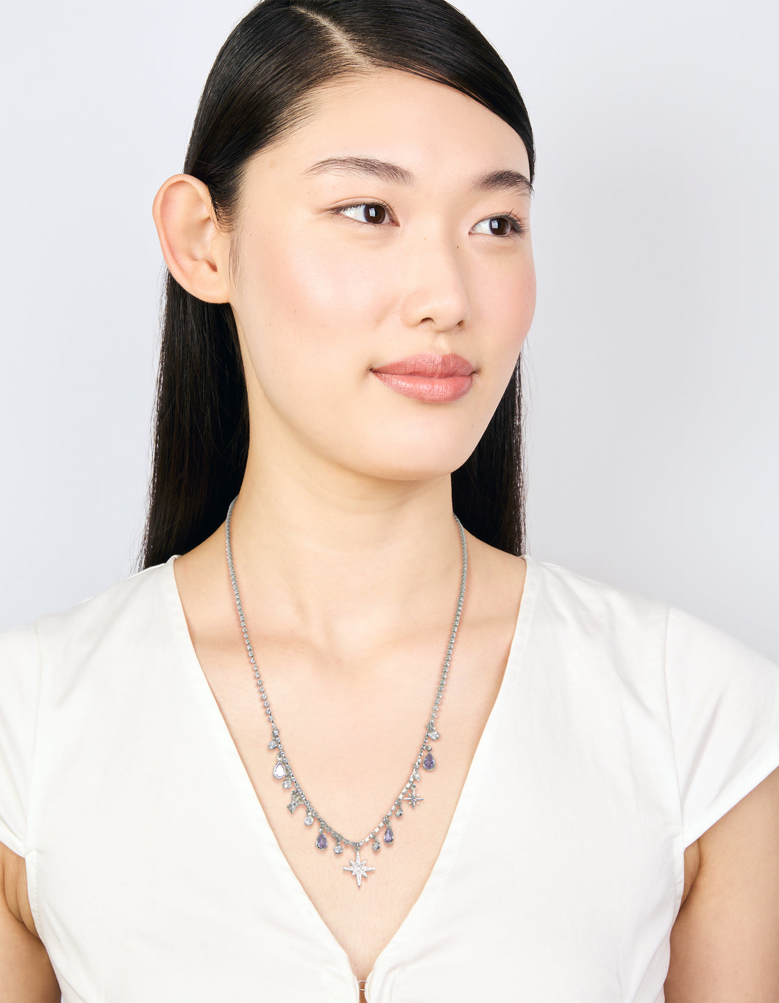 Silver Lilac Cubic Zirconia Teardrops & Star Charms Necklace