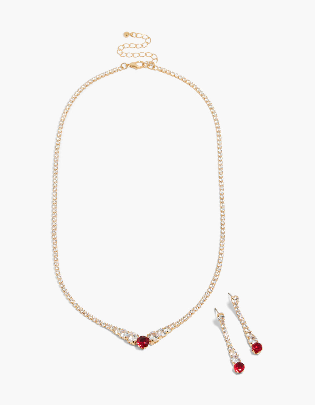 Gold Red Cubic Zirconia Pointed Necklace & Earrings Set