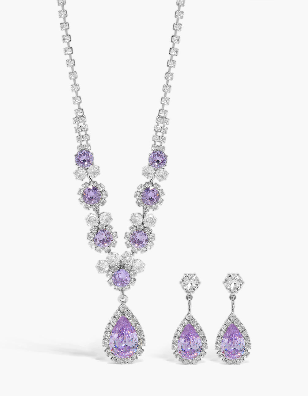 Silver Lilac Purple Cubic Zirconia Necklace & Earrings Set