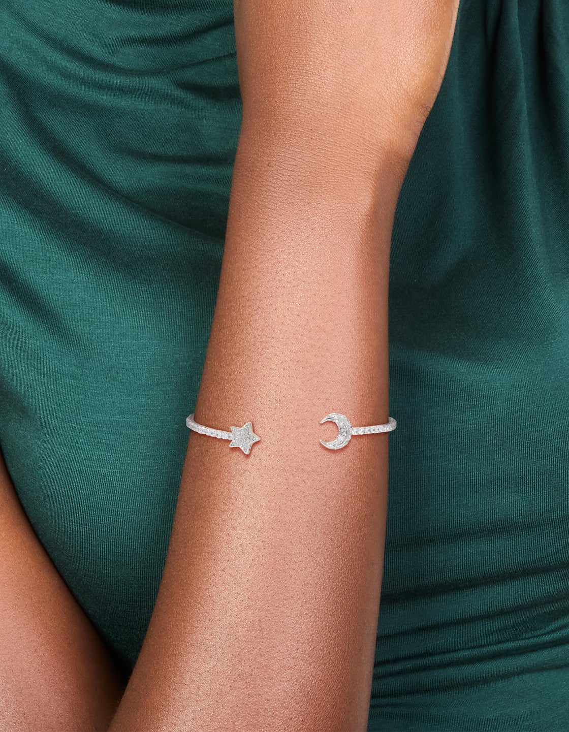 Silver Cubic Zirconia Star & Moon Opent Front Wrist Cuff