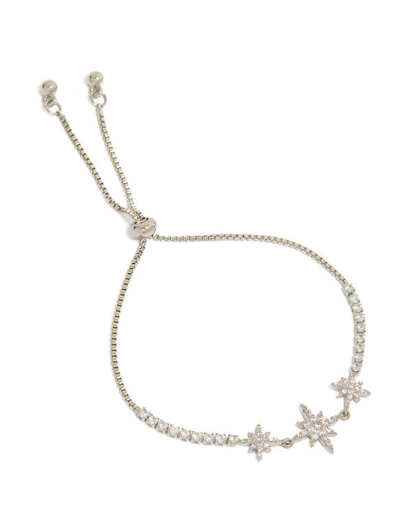 Showcasing a celestial bracelet with triple star cubic zirconia accents in silver and clear front view
