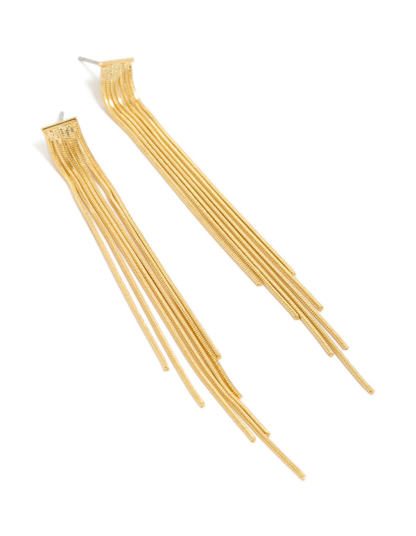 Showcasing statement tassel gold plated waterfall chain drop earrings front view