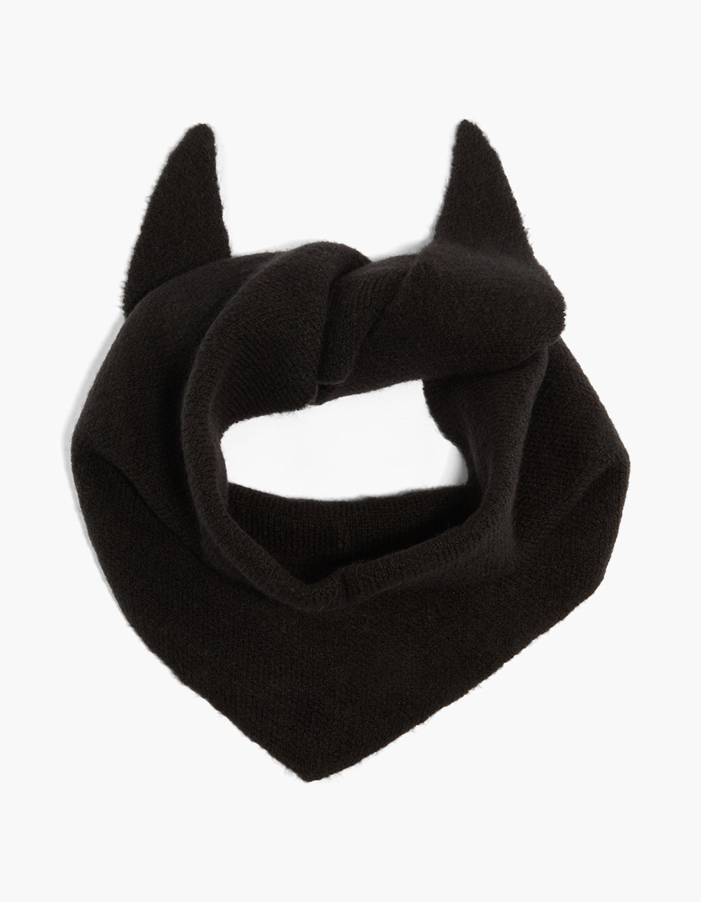 Featuring a black knitted triangular scarf with solid print detail view