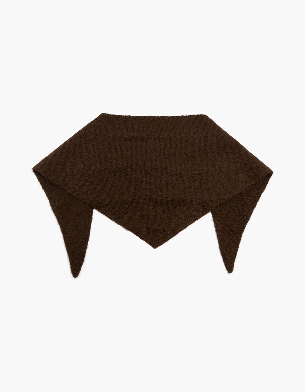 Cozy chocolate brown knitted triangular scarf in solid print, featuring saddle tones front view
