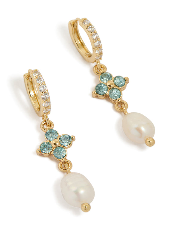 Beautifully crafted gold plated drop earrings featuring blue diamante with freshwater pearls front view