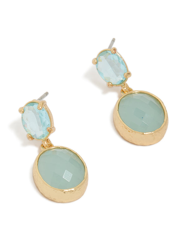 Beautifully crafted gold plated cubic zirconia blue double oval drop earrings with light turquoise stones front view