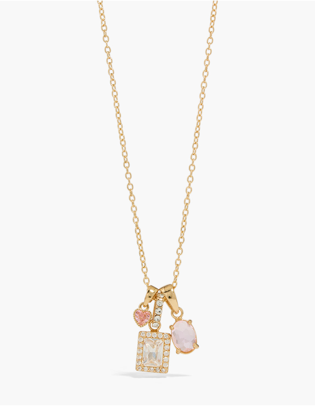 Featuring a gold plated multicoloured baguette and heart cubic zirconia multi charm necklace close up view