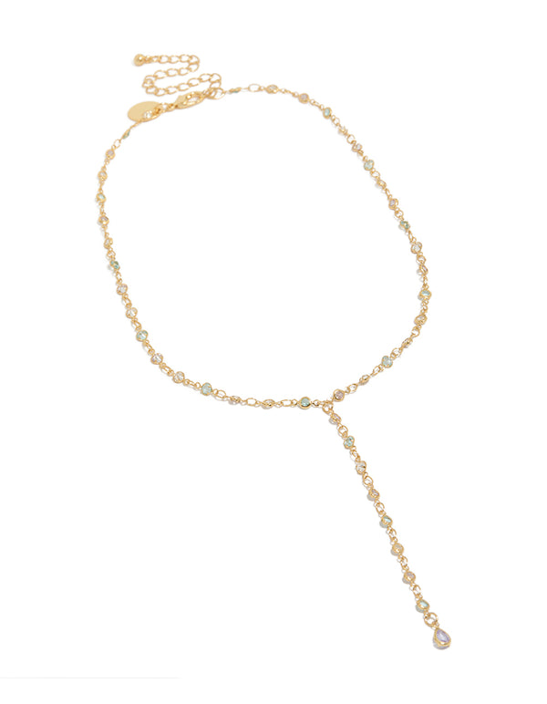 Discover this gold plated cubic zirconia blue circle detail Y-necklace in dainty style front view