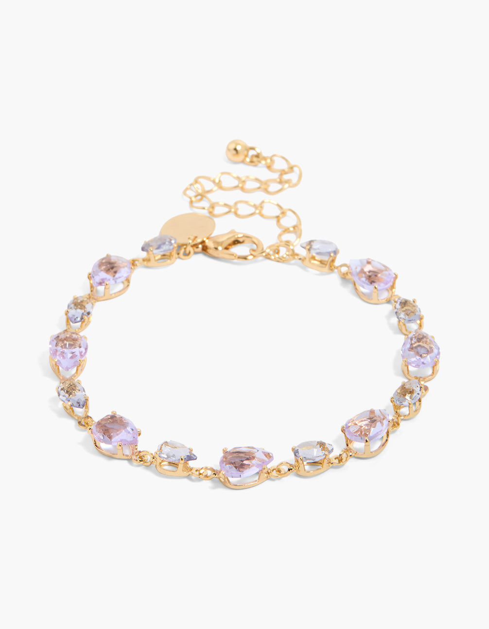 Exquisite gold plated bracelet featuring mixed lilac purple cubic zirconia with oval stone front view