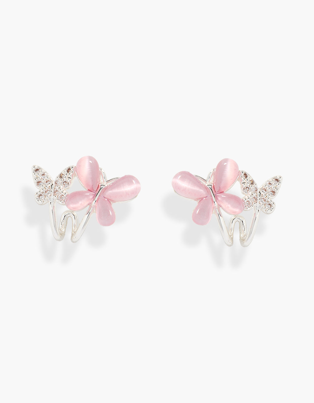 Featuring dainty silver plated double mini butterfly hoop earrings closure front view
