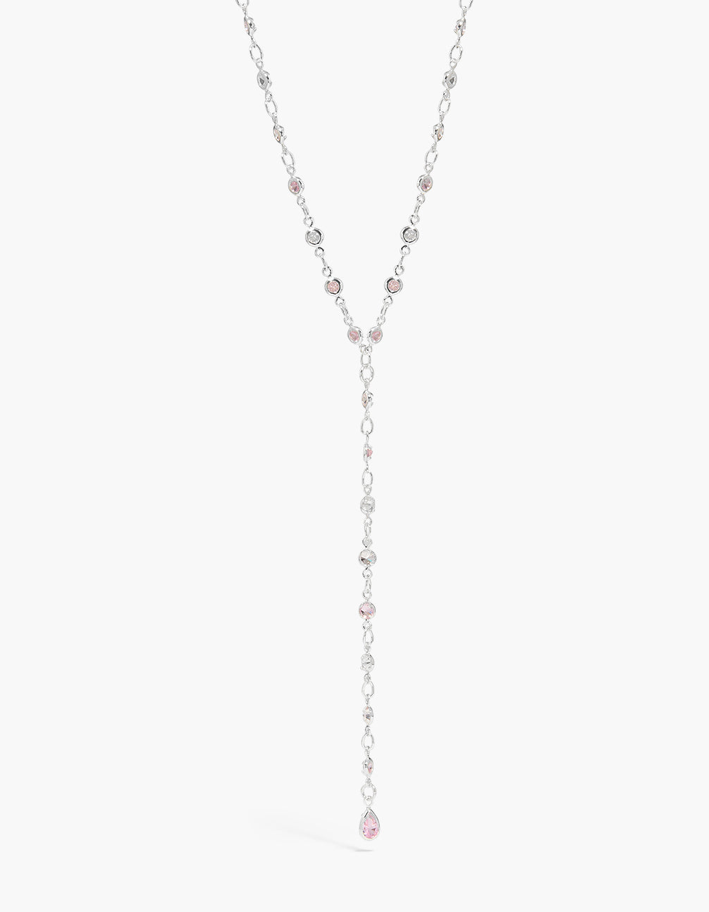Showcasing a plated cubic zirconia circle details Y-necklace in dainty style close up view