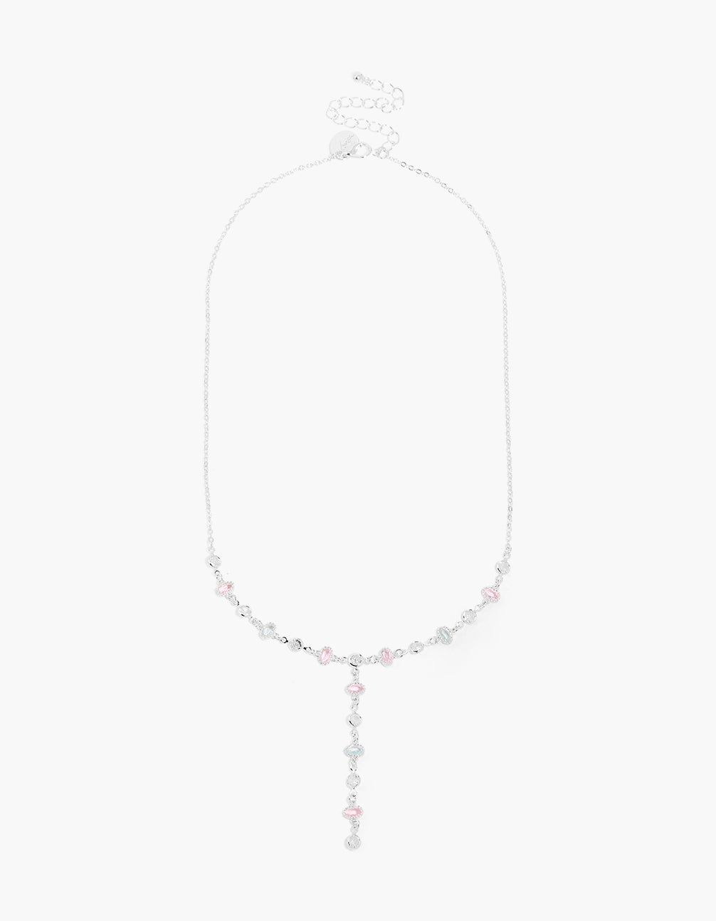Crafted from silver plated material, this mixed cut diamantes Y-necklace features dainty design close up view