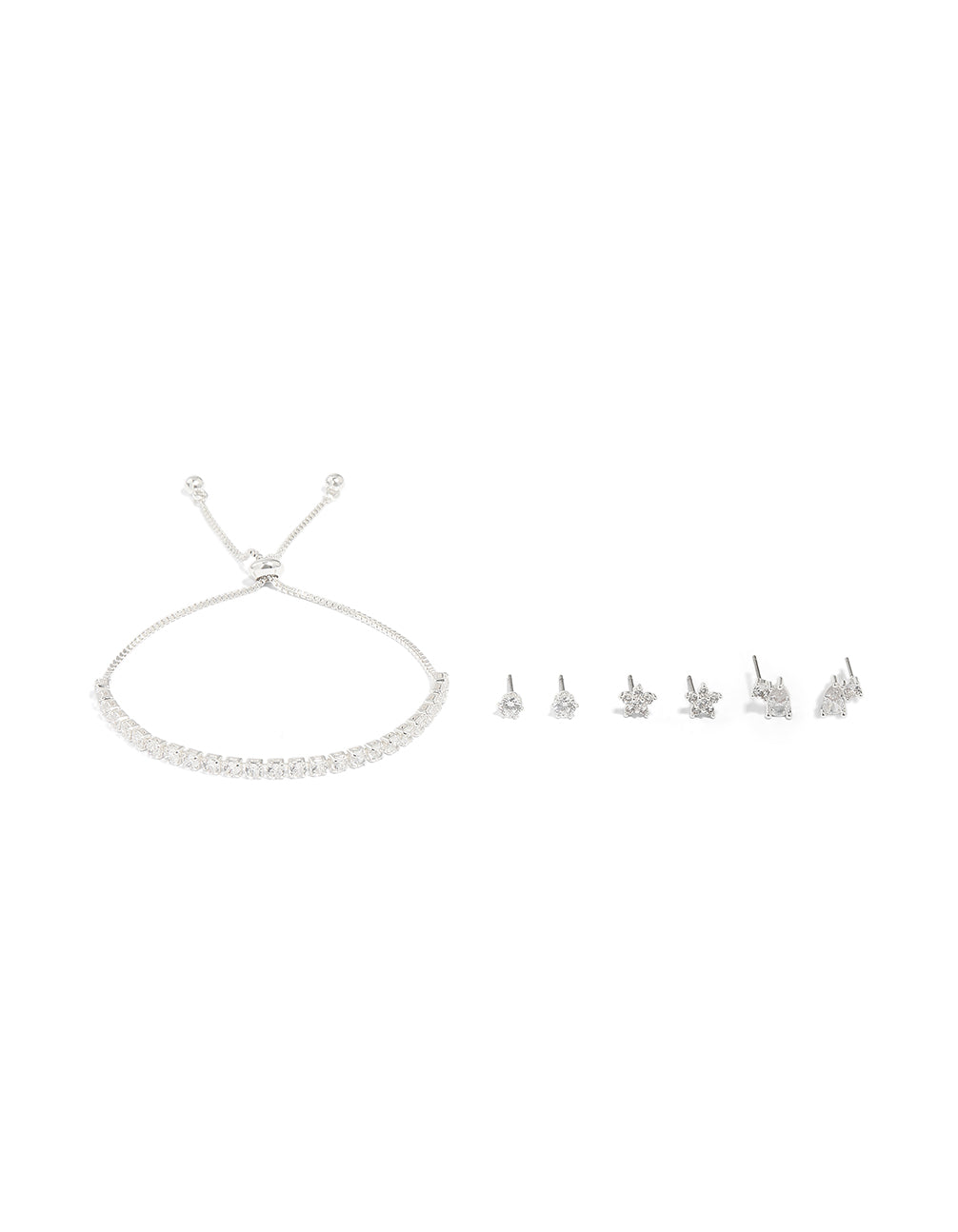 Silver Plated Dainty Cubic Zirconia Toggle Bracelets & Earrings Pack