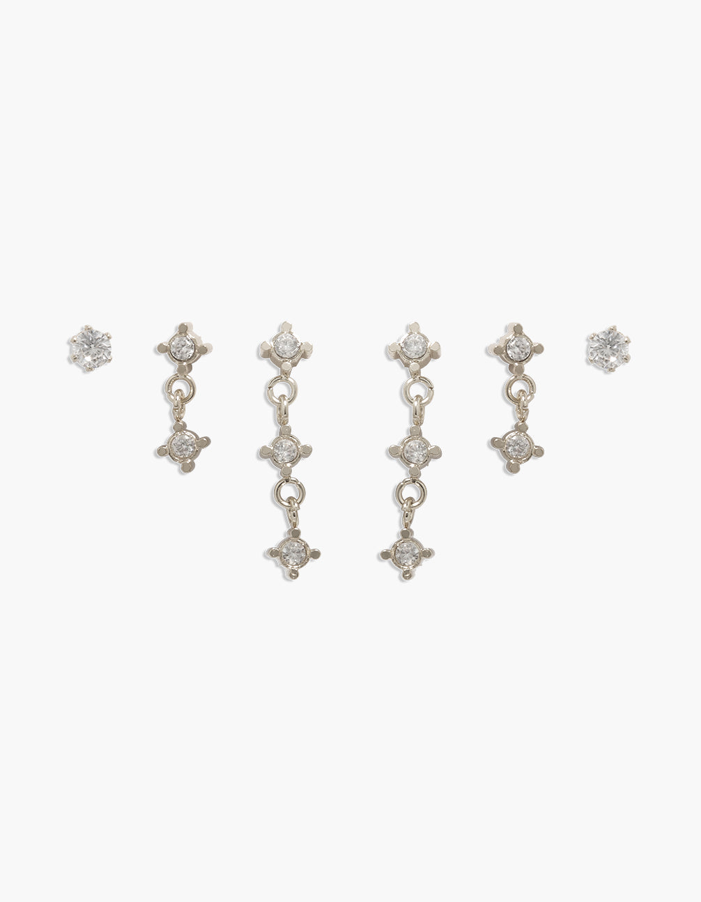 Showcasing waterproof stainless steel stud and drop earrings featuring cubic zirconia in a 3-pack silver design front view