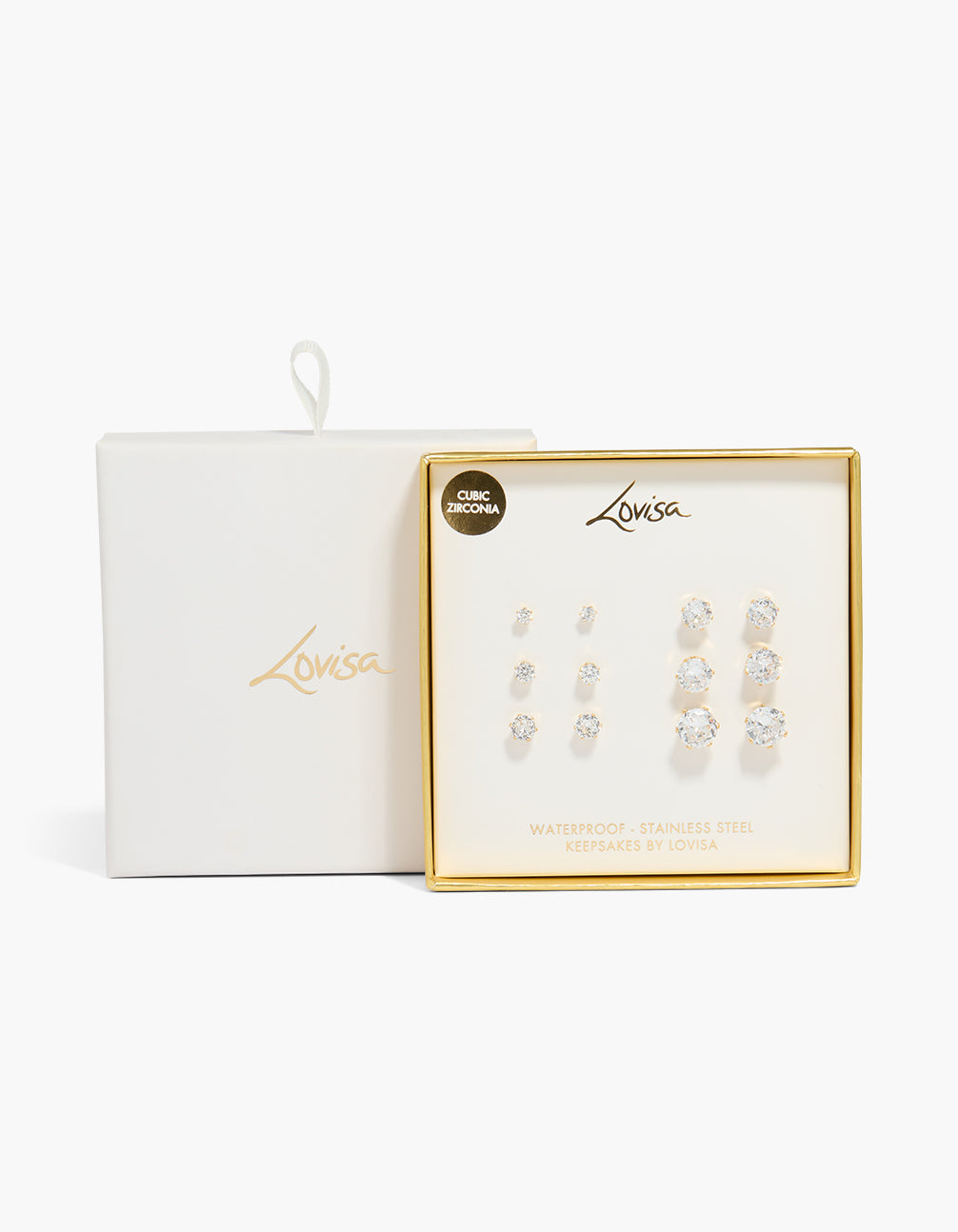 Presenting waterproof gold plated stainless steel cubic zirconia multi-sized stud earrings 6-pack with crystal featuring packaging close up view