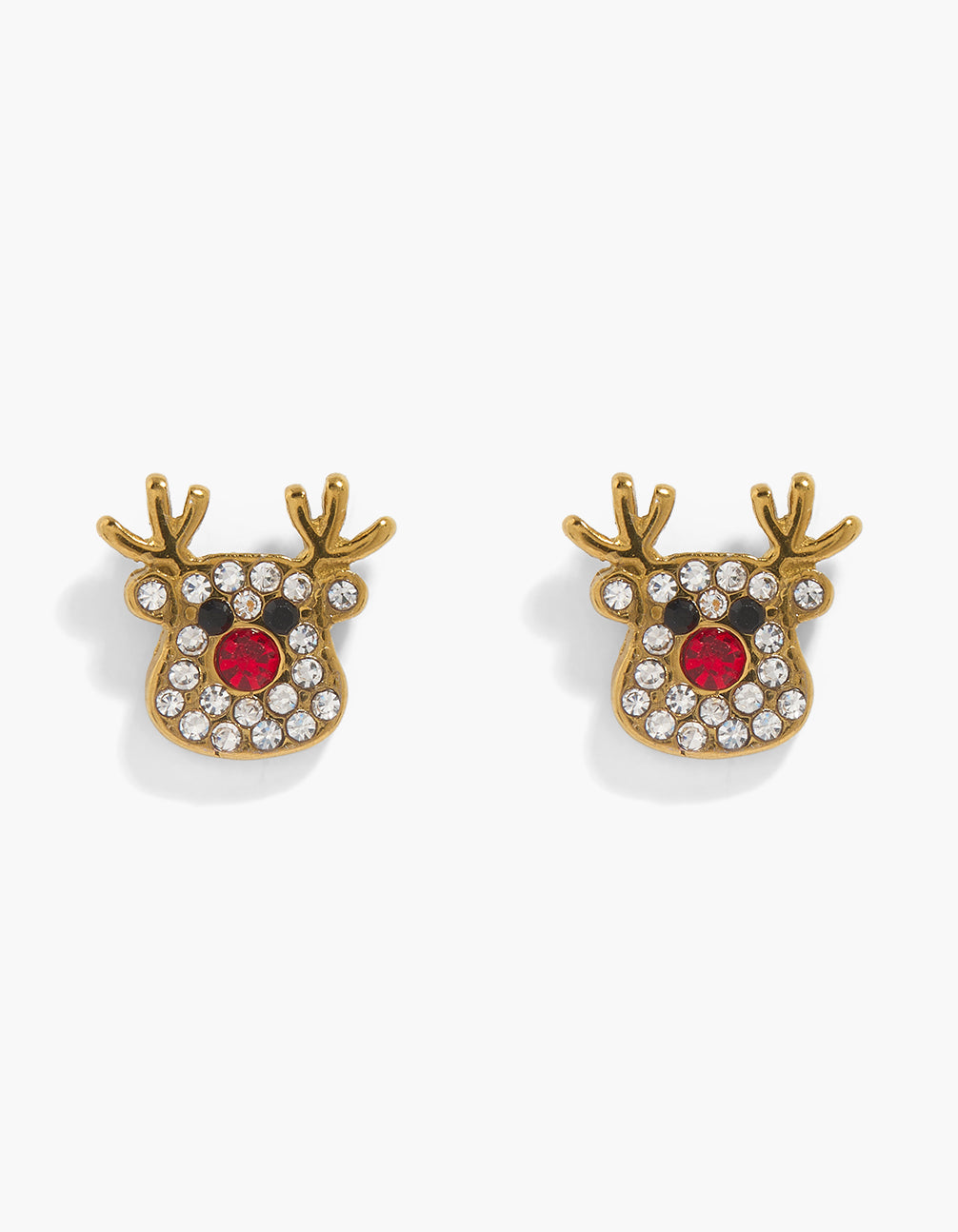 Featuring dainty animal stud earrings in waterproof gold plated stainless steel with pave diamante reindeer design front view