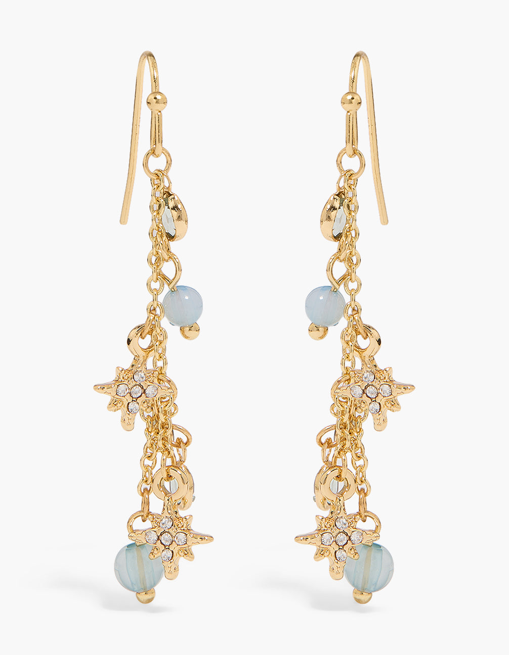 Showcasing statement drop earrings in gold plated finish featuring celestial star charms with diamante embellishments and powder blue beaded accents front view