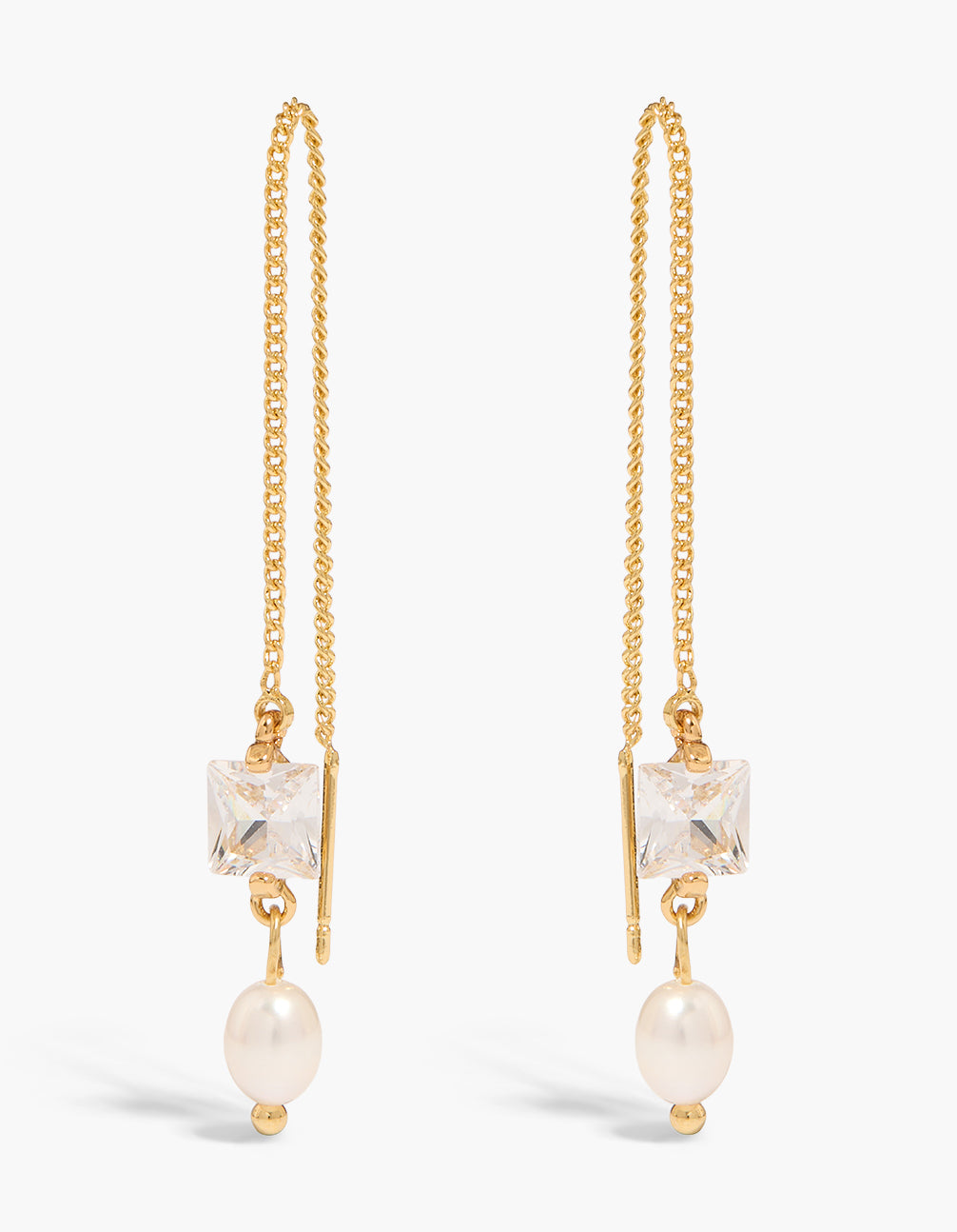 Showcasing dainty square cubic zirconia and freshwater pearl threader earrings in gold plated front view